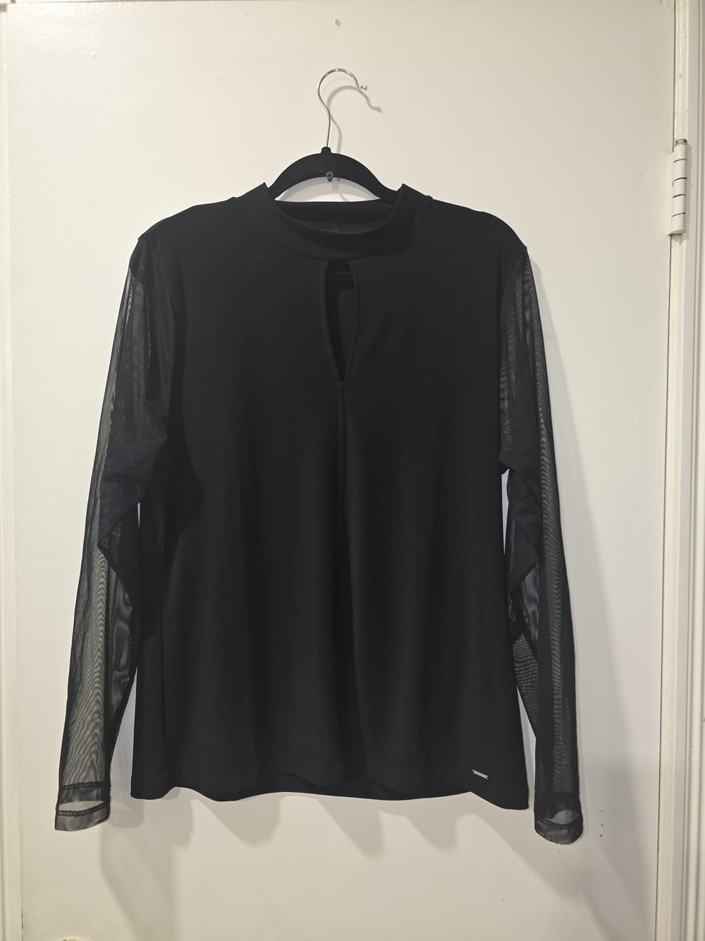 DKNY Black Long-Sleeve Blouse with Sheer Mesh Sleeves